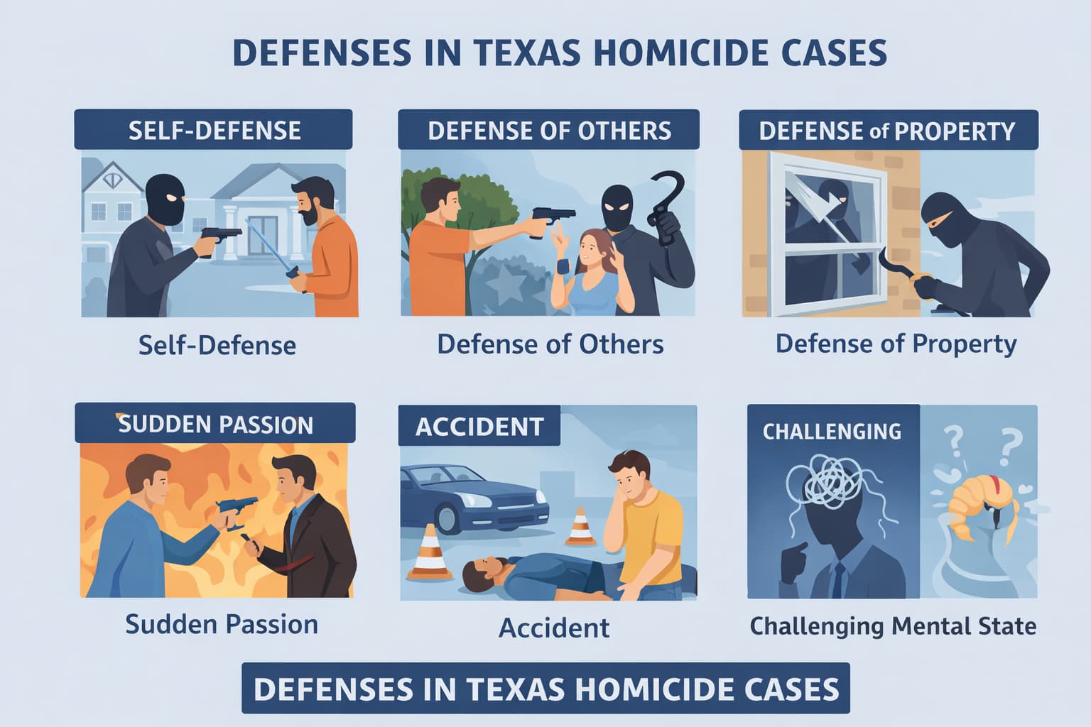 Flat vector illustration showing common defenses in Texas homicide cases, including self defense, defense of others, accident, and mental state challenges