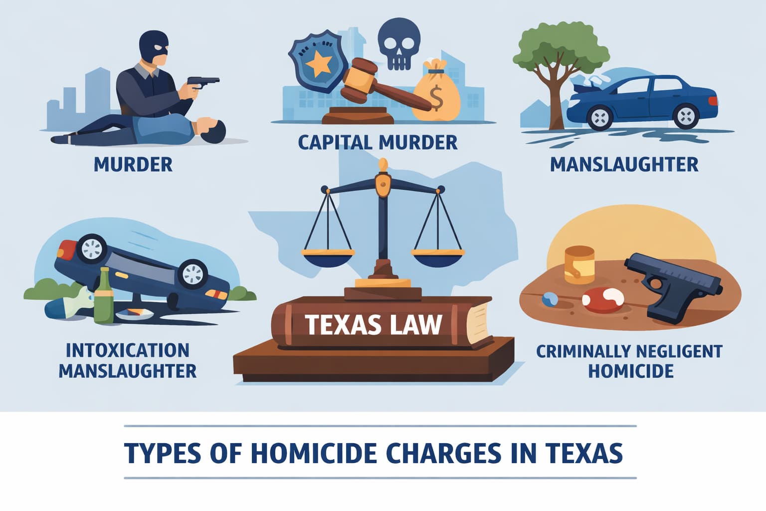 Flat vector illustration explaining types of homicide charges in Texas, including murder, capital murder, manslaughter, and negligent homicide